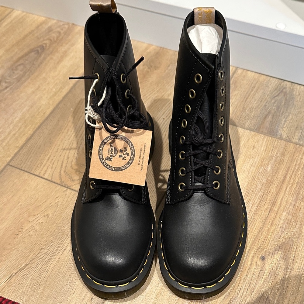 Dr. Martens Black Combat Boots with Yellow Stitching Vegan Leather